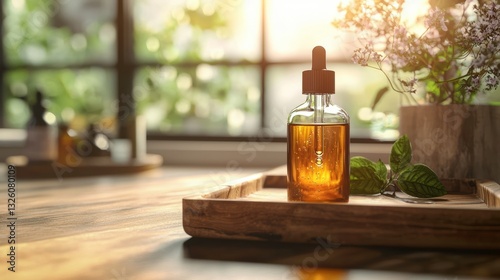 A glass bottle of facial oil resting on a wooden tray, with a drop of golden liquid hanging from the dropper, softly illuminated by golden-hour sunlight for a cozy, warm aesthetic, no text, no brand