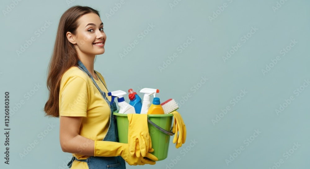 Woman smiling while holding a bucket of cleaning supplies and wearing gloves Woman smiling while holding a bucket of cleaning supplies and wearing gloves