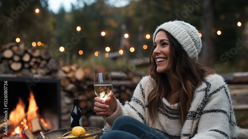 Woman enjoys evening relaxation with partner, sharing laughter and wine by cozy fire pit under soft string lights