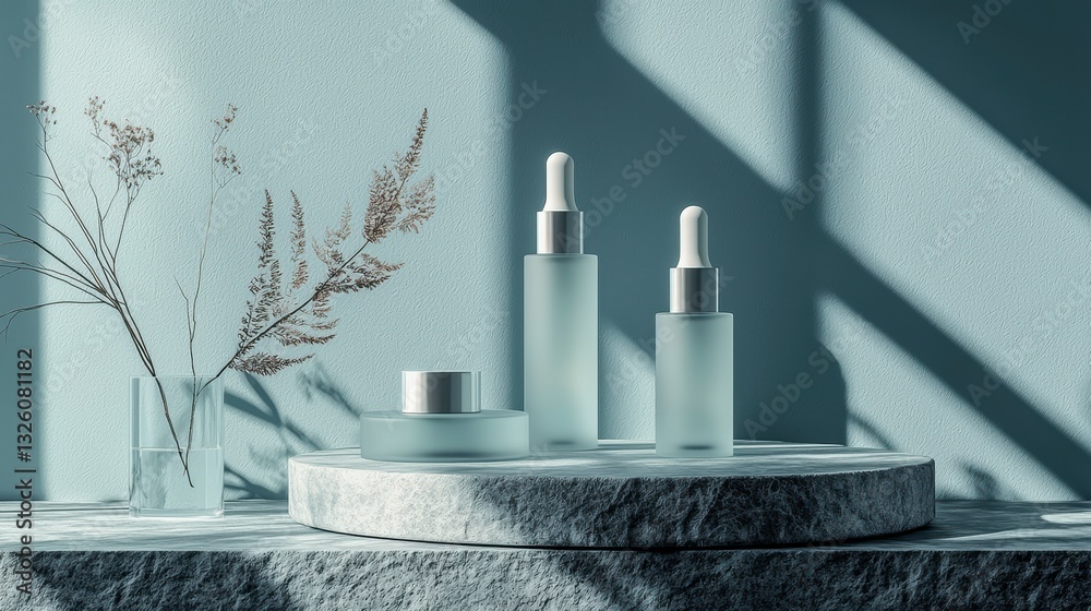 A minimalistic skincare arrangement featuring frosted glass bottles on a textured stone surface, with soft morning light casting natural shadows for a sophisticated and realistic look A minimalistic skincare arrangement featuring frosted glass bottles on a textured stone surface, with soft morning light casting natural shadows for a sophisticated and realistic look