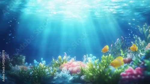 Vibrant Underwater Scene Sunbeams Illuminate Coral Reef and Fish