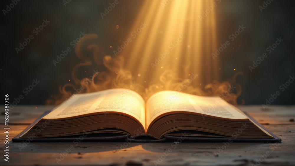 Fototapeta premium Open book with rays of light shining through, symbolizing knowledge or divinity.