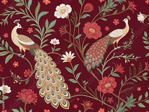 Floral seamless pattern with peacocks on dark red background.