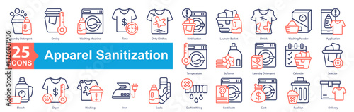Apparel Sanitization Icon Sheet Laundry Detergent, Drying, Washing Machine, Time, Dirty Clothes, Notification, Laundry Basket, Shrink, Washing Powder, Application, Temperature, Delivery