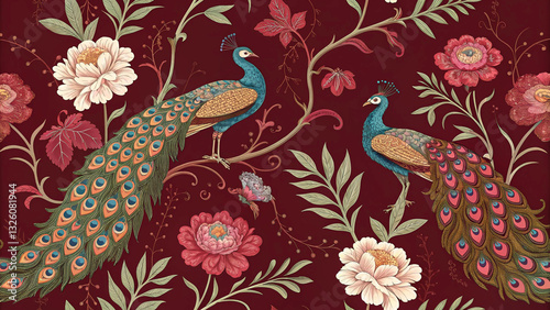 Floral seamless pattern with peacocks on dark red background.