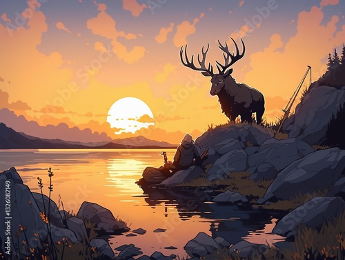 Midnight sun over an Arctic lake with a golden glow illuminating the reindeer moss landscape, an adventurer sitting quietly by a campfire on the shore with a fishing rod nearby.