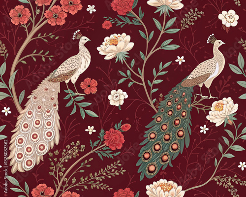 Floral seamless pattern with peacocks on dark red background.