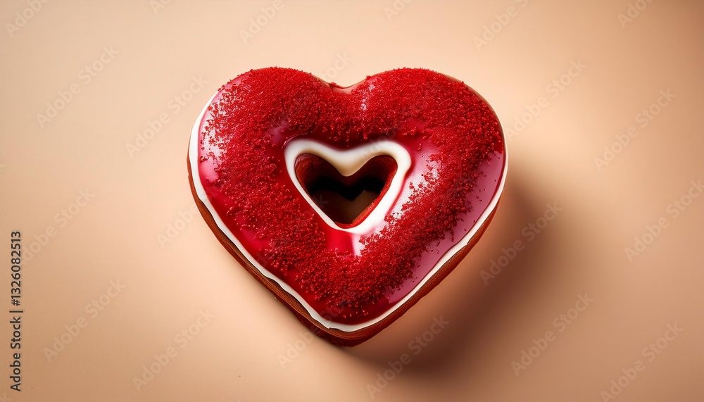 Fototapeta premium Heart Shaped Red Velvet Donut with Glaze Toping on Cream Background Isolated