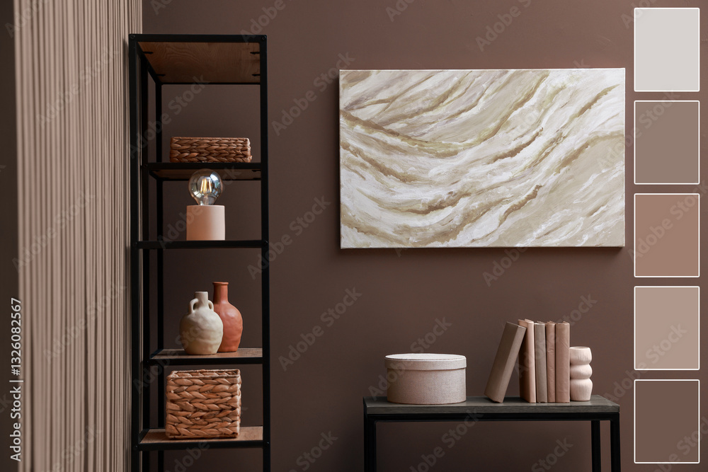 Fototapeta premium Console table and shelving unit near wall in mocha mousse shade. Interior design with matching color palette