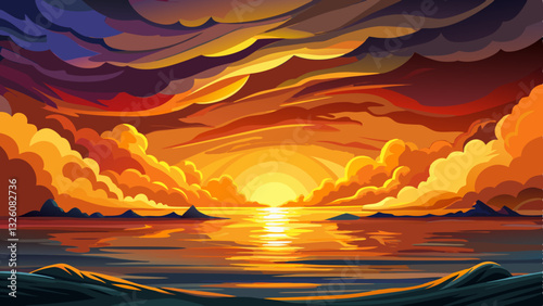 Dramatic sunset with vibrant orange and yellow light piercing through dark stormy clouds over the horizon of a calm sea.