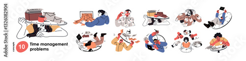 Time management problems set. Missing deadlines, stress and bad pressure, inefficient work. Frustrated busy multitasking employees late, failing. Flat vector illustrations isolated on white background