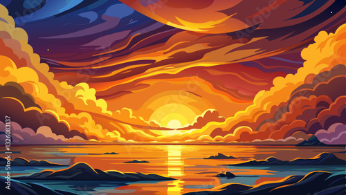 Dramatic sunset with vibrant orange and yellow light piercing through dark stormy clouds over the horizon of a calm sea.