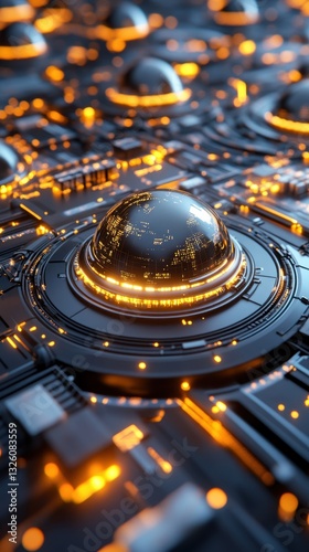 Wallpaper Mural A futuristic close-up of a high-tech surface featuring glowing orange lights and metallic structures, creating a striking visual of advanced technology. Torontodigital.ca