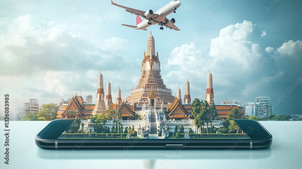 Obraz premium Wat Pho Temple's Cultural Grandeur Displayed on a Smartphone Screen, Highlighting Bangkok's Historic Essence with a Flying Airplane in a Vibrant Travel Aesthetic.