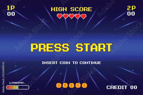 PRESS START. INSERT A COIN TO CONTINUE. pixel art. 8 bit game. Retro Futurism Sci-Fi Background. glowing neon grid. and stars from vintage arcade computer games