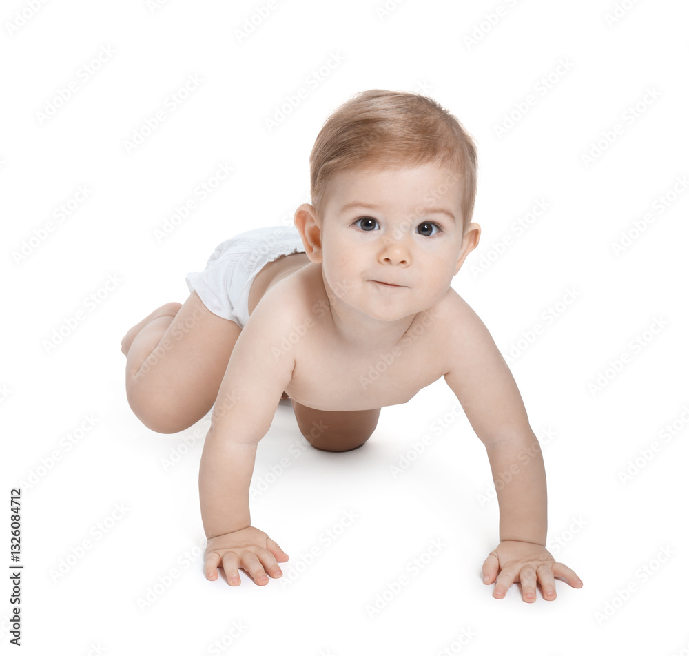 Adorable little baby crawling on white background Adorable little baby crawling on white background