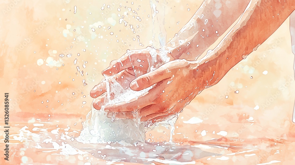 Fototapeta premium Watercolor-style illustration of a man washing his hands for coronavirus prevention. Soft pastel tones and minimal design emphasize hygiene and health awareness.