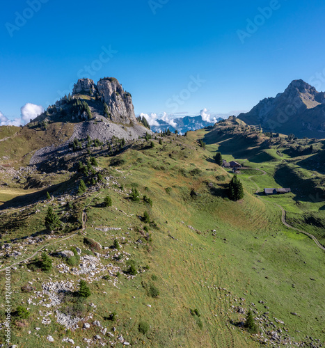 Aerial view of the Schynige Platte, Switzerland, High Mountain Area. Beautiful hiking area near Gündlischwand and Lauterbrunnen