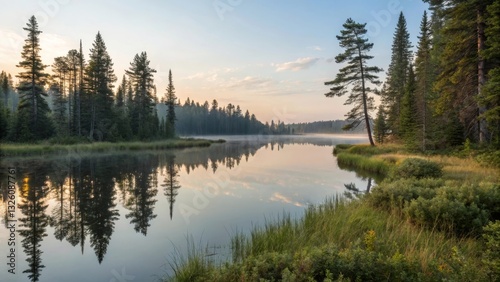 Tranquil River Landscape at Sunrise with Trees and Reflection