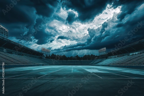 Aerial perspective of a desolate sports arena, storm clouds above.