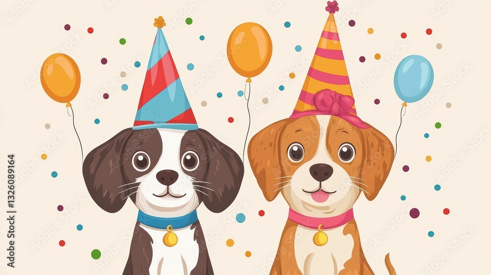 Naklejka premium Cheerful Cartoon Pets in Party Hats Surrounded by Colorful Balloons and Confetti