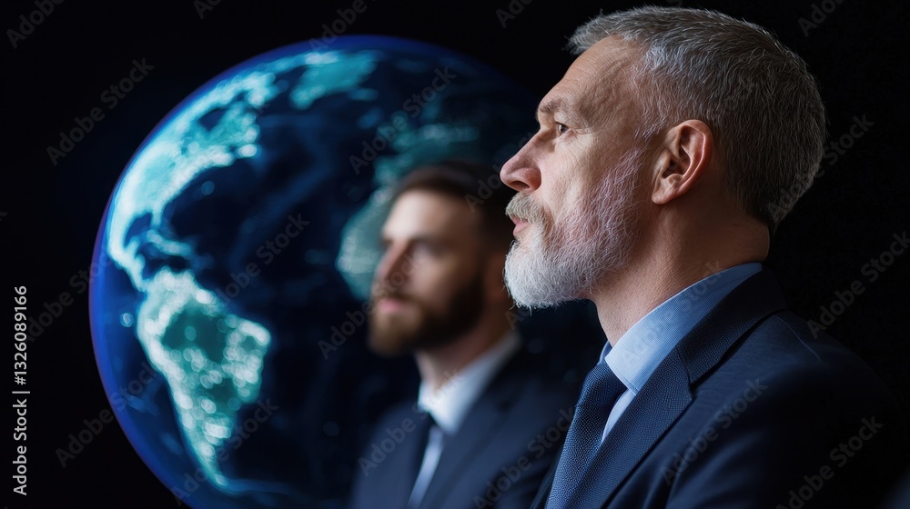 Two men in suits stand thoughtfully against a backdrop of Earth, symbolizing global perspective and leadership. Two men in suits stand thoughtfully against a backdrop of Earth, symbolizing global perspective and leadership.