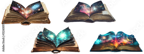 Collection of open books with glowing cosmic galaxy pages in a surreal fantasy style, isolated on transparent background