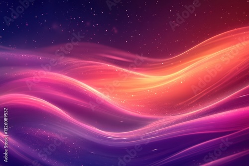 Abstract Wide Shot Fantasy Flowing Waves with Glowing Particles, Nebula Concept, Space, Magical, Pink, Orange, Purple.