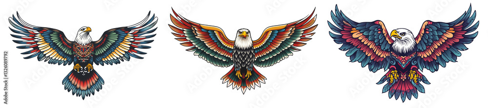 Fototapeta premium Set of a traditional American tattoo-style eagle with spread wings, isolated on a transparent background.