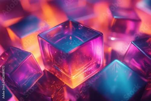 Close-up Macro Shot Abstract Vibrant Glass Cubes with Neon Colors, Futuristic Design, 3D Rendered, Geometric Shapes, Conceptual Art