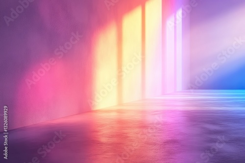 Interior Perspective Empty Room with Colorful Sunlight, Gradient Light Effect, Geometric Forms, Shadow Play, Abstract, Modern, Creative, Design.