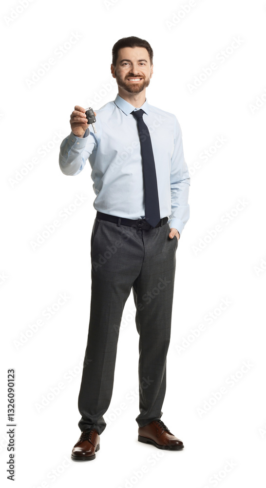 Cheerful salesman with car key on white background Cheerful salesman with car key on white background