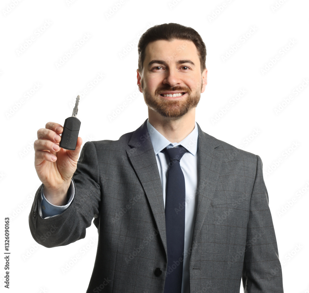 Cheerful salesman with car key on white background Cheerful salesman with car key on white background