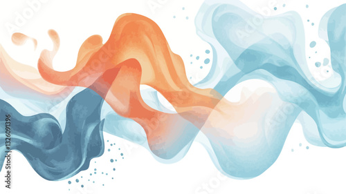 The image depicts an abstract composition of flowing, translucent forms.  The primary colors are shades of blue, orange, and white. The forms are rendered with a soft, almost watercolor-like