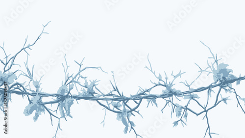 Close-up image of several thin, bare branches draped in a horizontal line against a bright white background. The branches are covered with a light blue, frosty coating, suggesting ice or frost.