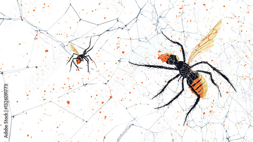 A detailed close-up shot depicts two insects caught in a spiderweb.  The insects are predominantly black with orange markings. One insect has visible wings. The spiderweb is intricate and largely