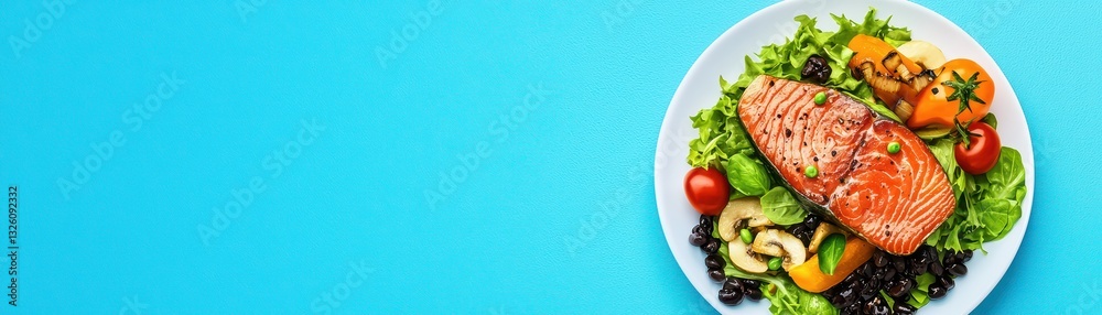 Fresh and Healthy Fitness Meal on Plate with Grilled Salmon and Colorful Vegetables Fresh and Healthy Fitness Meal on Plate with Grilled Salmon and Colorful Vegetables
