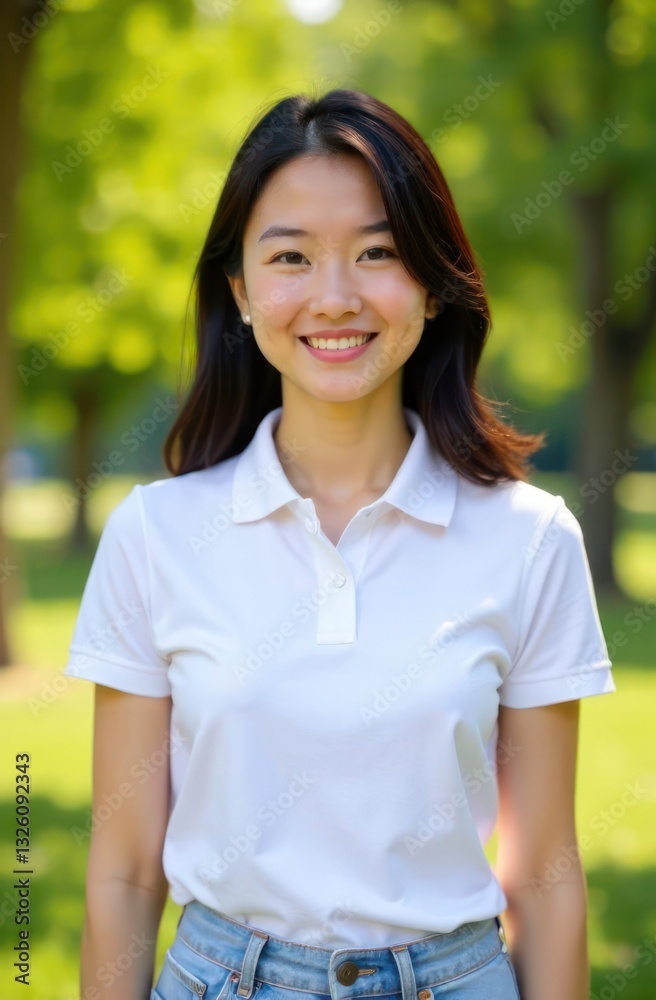 smiling east asian woman in white polo shirt standing outdoors in sunlit park. summer concept. positive lifestyle, casual style fashion poster smiling east asian woman in white polo shirt standing outdoors in sunlit park. summer concept. positive lifestyle, casual style fashion poster