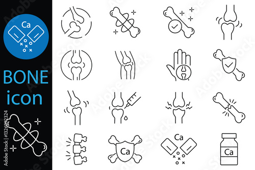 Bones icons vector set. Human Bones icon set. Bones outline icons vector collection. broken bone, hand bone, spinal cord vector illustration. 