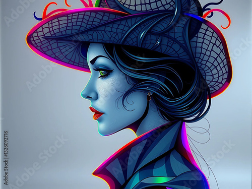 Etched Glass Artwork of a Mysterious Woman in a Striking Hat with Vibrant Colors, Dazzling Hues, and an Enigmatic Side Profile Expression