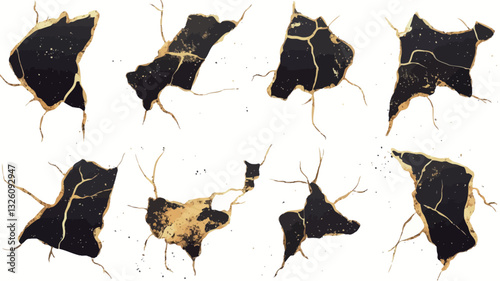 The image shows ten individual high-resolution images of abstract crackle patterns against a pure white background. Each pattern consists of irregular shapes filled with black and accented with