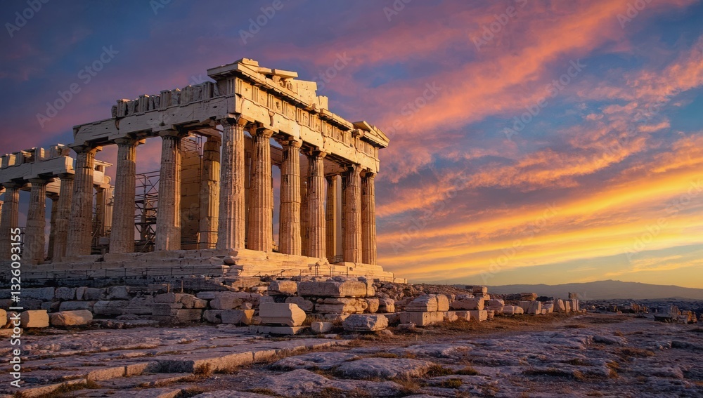 Obraz premium Sunset casts a warm glow on the Parthenon in Athens, highlighting its ancient columns and intricate details. The vibrant sky adds to the iconic historical atmosphere