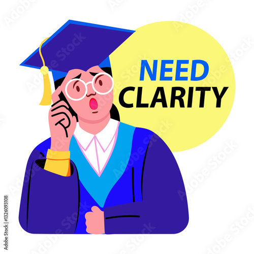 Flat sticker of thinking scholar with need clarity typography 