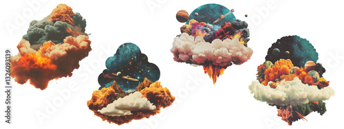 Set of surreal clouds infused with cosmic galaxy elements and floating celestial landscapes, isolated on transparent background