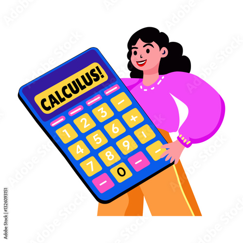 Flat sticker of a character holding a calculator written calculus 