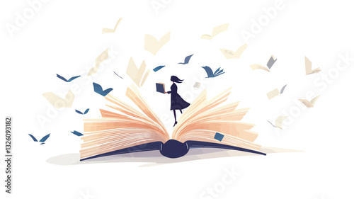 Digital illustration depicting a stylized silhouette of a woman standing within the pages of a large open book. Numerous small, stylized butterflies surround the book and appear to be flying from
