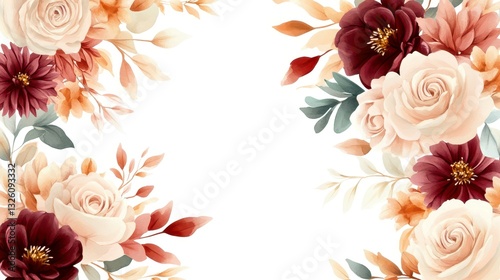 A delicate floral frame with soft peach and burgundy roses on a white background, perfect for invitations or greeting cards. Concept: elegance and romantic design


