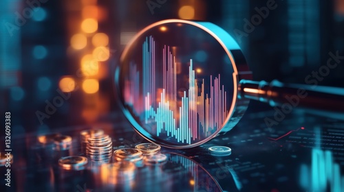 3D rander A magnifying glass focusing on a growing bar chart, with coins and a house inside the lens, emphasizing financial analysis and investment opportunities. photo