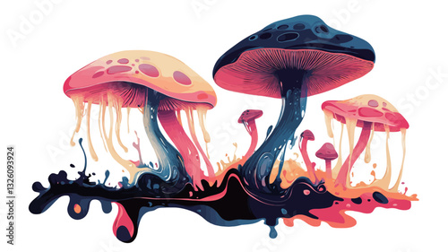 A digital illustration depicting several mushrooms with vibrant, otherworldly coloring. The mushrooms are rendered in a style that suggests a psychedelic or surreal aesthetic.  The colors are
