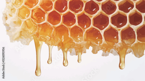 Close-up shot of a section of honeycomb with honey dripping from the bottom. The honeycomb is a golden-amber color, and the honey is thick and viscous. The background is white, providing a high